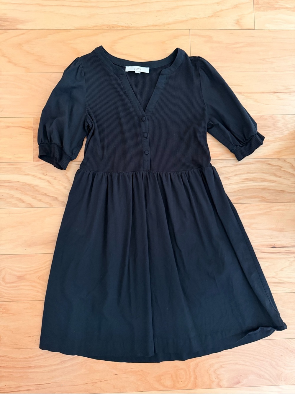 LOFT Black Ribbed Split-Neck Top